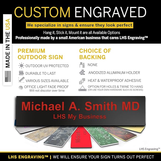 Custom Name Plate for Doors, with Choice of Mounting Holders for Walls, Doors, Cubicles, Hanging and More - Personalized Black Plastic Red Letters - USA Made 2x6 - B19