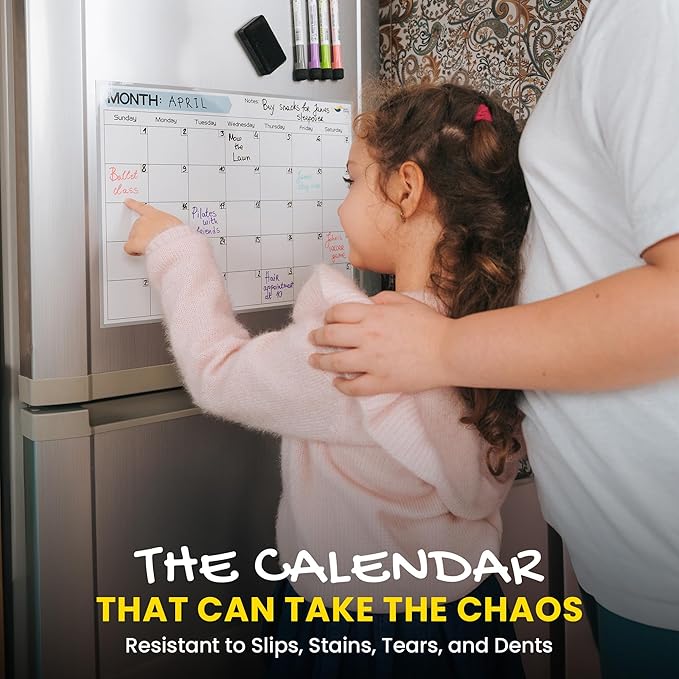 Monthly Magnetic Calendar for Refrigerator - 17x12” Stain-Resistant Dry Erase Fridge Calendar Whiteboard with Large Writing Space for Schedules, Chores & Meals - With 4 Markers & Eraser - Sunday Start