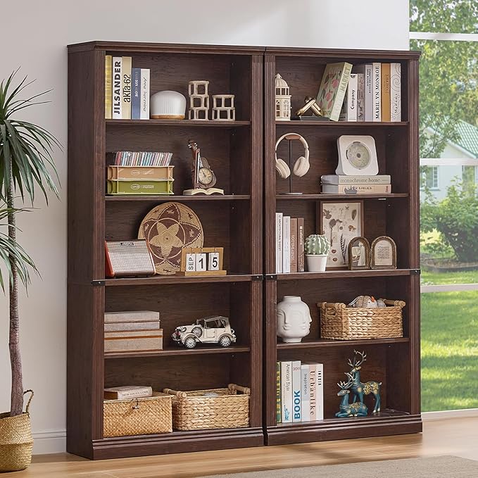 RWYHG 70" Walnut Tall Bookshelf,5-Tier Thick Wooden Book Shelf with Adjustable Shelves,Free Standing Farmhouse Bookcase with Open Display Storage,Floor Vintage Bookshelves for Living Room,Office