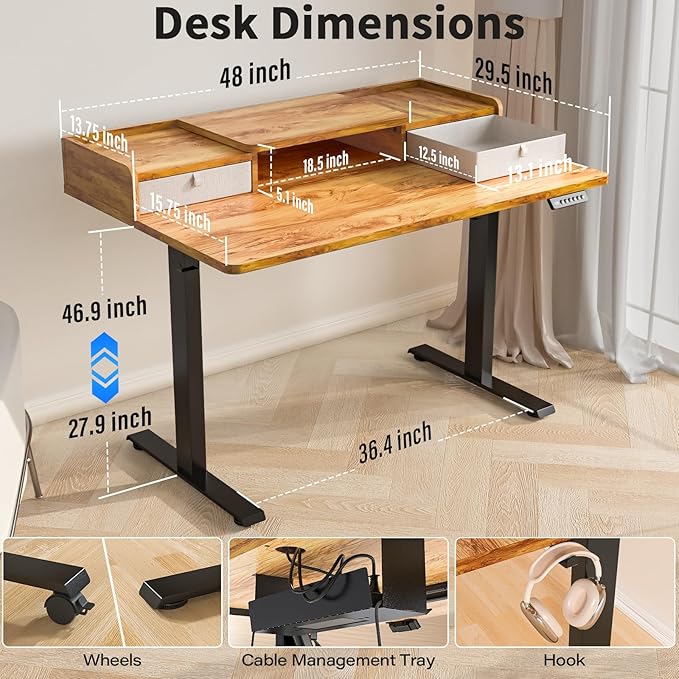 Kingant 48 x 30 Inch Electric Standing Desk with Dual Drawers, Adjustable Height Computer Desk for Home Office, Large Workstation Sit Stand Up Desk with Built-in Storage Shelf, Light Rustic Brown