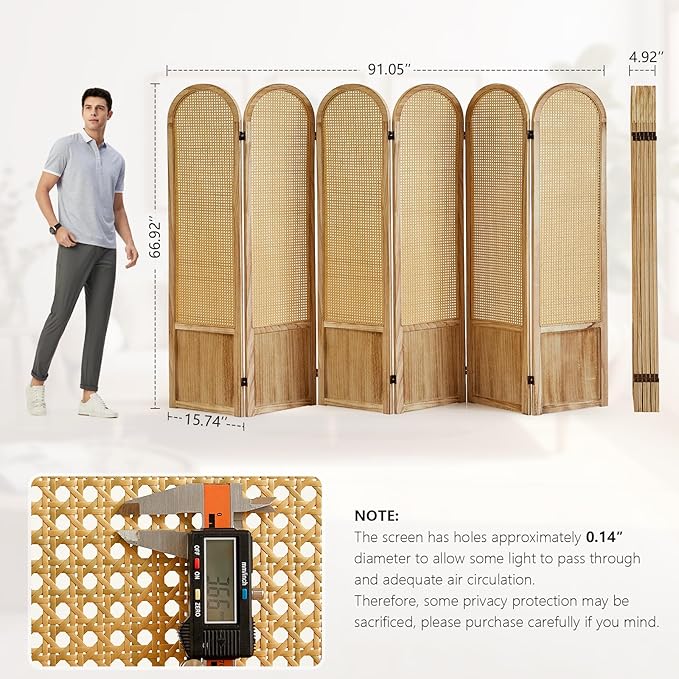 Asnefeli 6 Panels Room Divider, Folding Privacy Screen, Foldable Wood Rattan Room Divider Panel, Portable Partition Screen Wall Divider for Room Separation Bedroom Home Office Garden Terrace (Natural)