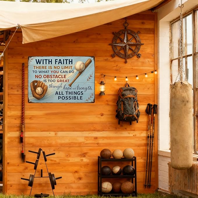 With Faith Baseball Metal Sign – Vintage Inspirational Quote Wall Decor for Locker Room, Bedroom, or Gym – Motivational Gift for Athletes, Coaches, and Baseball Fans(Baseball faith)