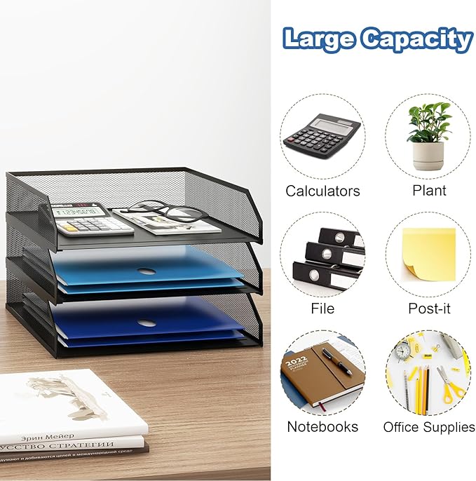 Natwind 3-Tier Stackable Paper Tray, Metal Mesh Desktop Organizer, A4 Paper Sorter, Letter Trays,File Folder Sorter Organizer with Sliding Tray for Home, Office, School (Black)