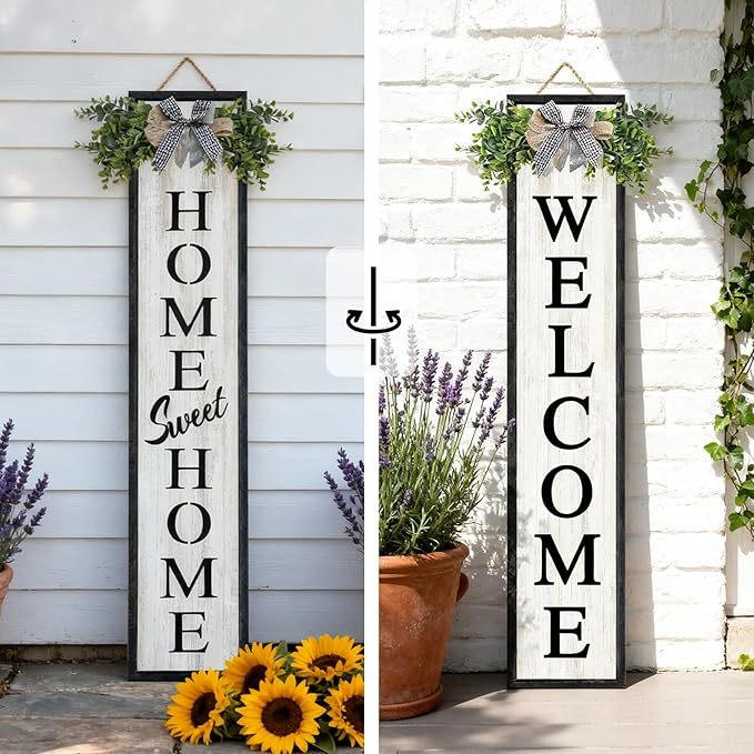 Double-sided Welcome Wooden Sign Stand with Magnetic-adhesive Wreath for Front Door, 47" Vertical Farmhouse Home Sweet Home Porch Sign, 2in1 Large Tall Porch Leaner Decor for Outdoor Patio Garden