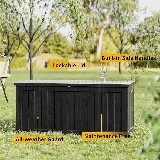 Decksplore 270 Gallon Outdoor Storage Box Waterproof Lockable Resin Deck Box Large, Patio Storage Bin for Pool Accessories Cushion Furniture, Garden Tools, UV-Resistant Outside Delivery Black