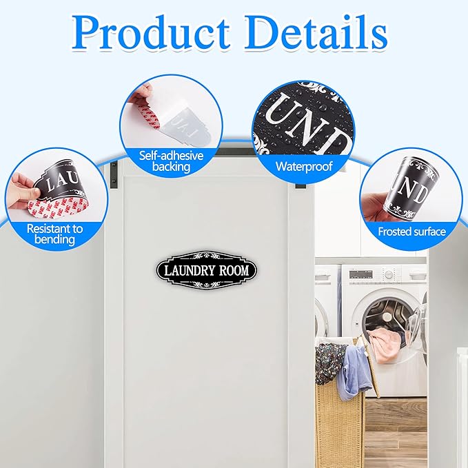 Laundry Room Door Sign for Business and Home，Self-adhesive Waterproof Cute Laundry Room Door Sticker Decals for House, Apartment, Hotel Laundromat Decor（Black）
