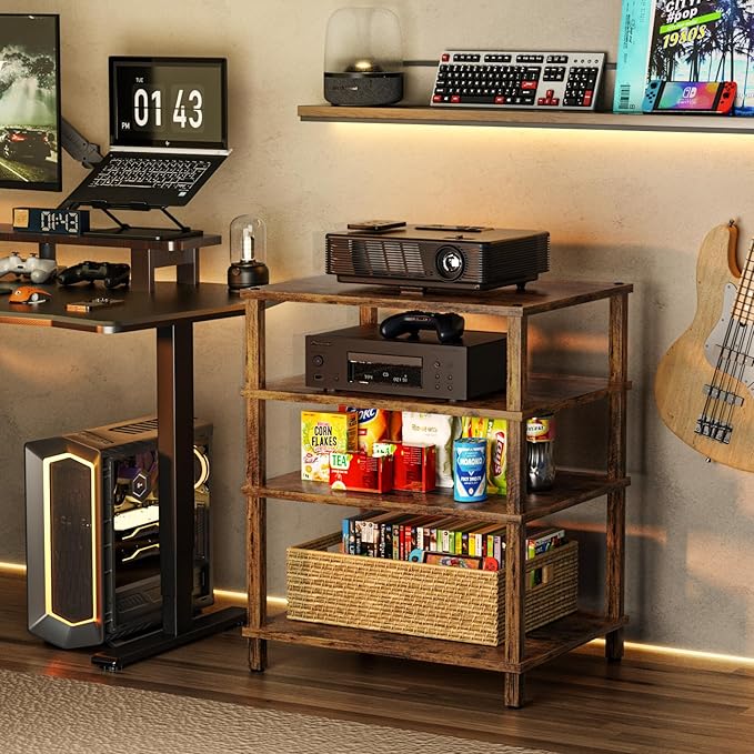 4-Tier AV Media Player Stand, Brown Stereo Cabinet, Modern Stereo Cabinet, Wooden TV Stand,Game Console Shelf, Multifunctional Entertainment Center, Suitable for Home, Conference Room, Game Studio