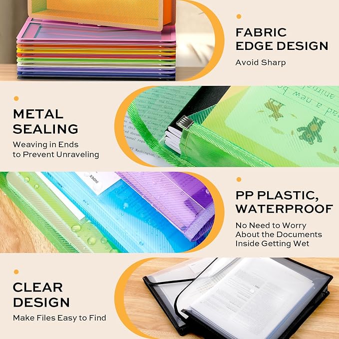 Deli 10 Pack Plastic Expanding File Folder, Folders for Documents with Snap Closure, Colorful File Folder Organizer, Transparent Accordion File Organizer, Large Capacity, Fit Legal/B4 Size, 9 Colors