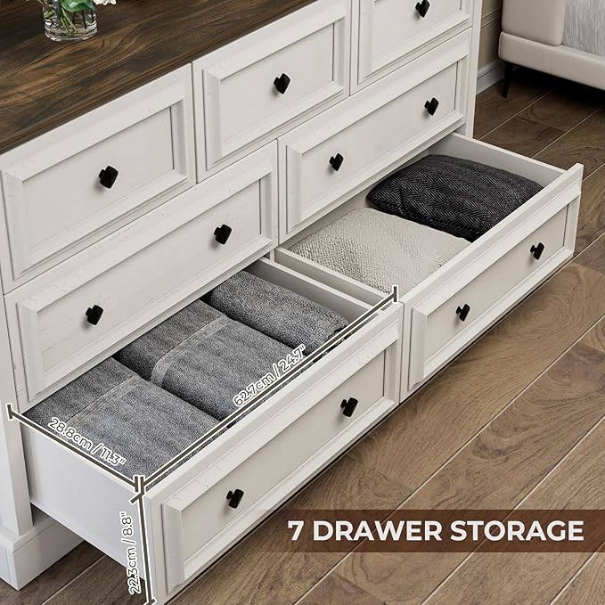 VVFLU Farmhouse 7 Drawer Dresser for Bedroom, 54" Wide Wooden Dresser with Natural Texture & Vintage Metal Knobs, Large Chest of Drawers for Bedroom, Living Room, Hallway, Antique White
