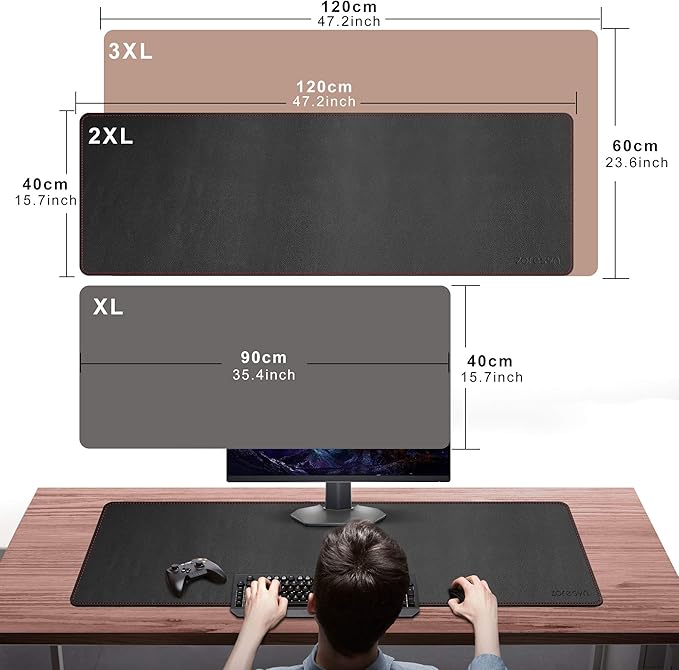 ZORESYN XL Large Desk Pad (47.2" x 15.8") - PU Leather Office Desk Mat for Keyboard and Mouse - Waterproof Surface with Nonslip Base - Black Extended Mouse Pad for Home & Office