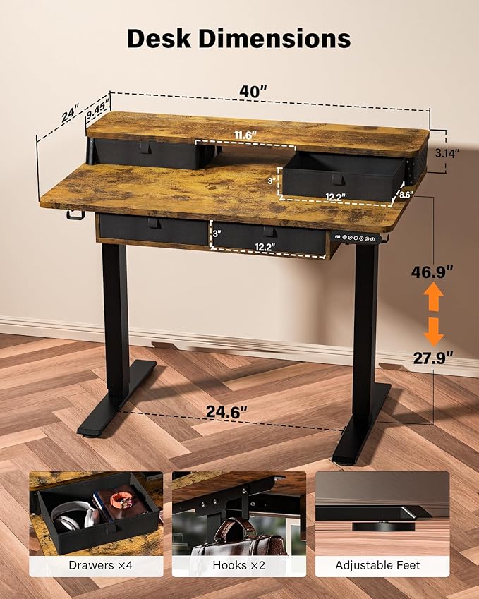 FiCiHi Electric Standing Desk with Four Drawers, Adjustable Height Sit Stand Desk, C-Clamp Compatible Home Office Desk with Storage Shelf & Monitor Stand Riser, 40 x 24 Inch, Rustic Brown