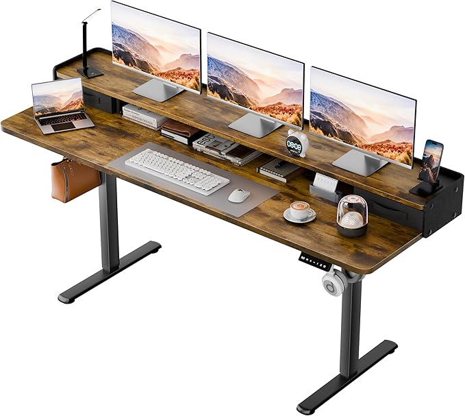 Homall Electric Standing Desk with 2 Drawers, Adjustable Height Computer Desk with Monitor Shelf Sit Stand Table with Splice Board Quick Install for Home Office (Rustic Brown, 63 Inch)