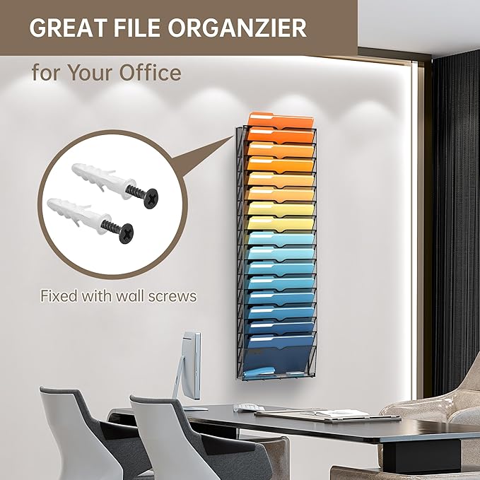 SUPEASY 17-Tier Wall File Holder Organizer with Hooks, Mesh Hanging File Organizer, Mail Organizer Wall Mounted for Papers, Folders, Office Magazine Rack, Black