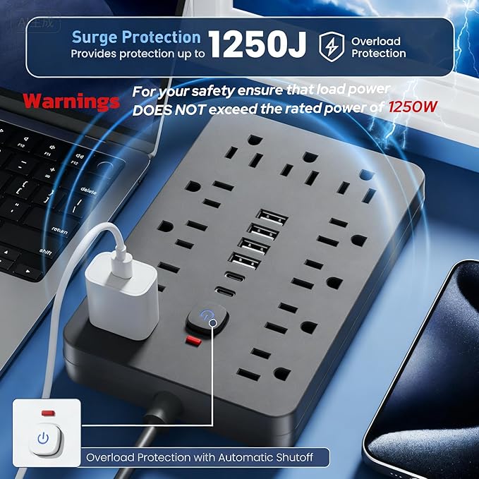 JouleLoom 6 FT Flat Plug Surge Protector Power Strip,11 Multiple AC Outlets with 6 USB Ports (2 USB C), 6 Feet Extension Cord, 1250W/10A, One Touch Switch Button, 17 in 1 Compact powerstrip