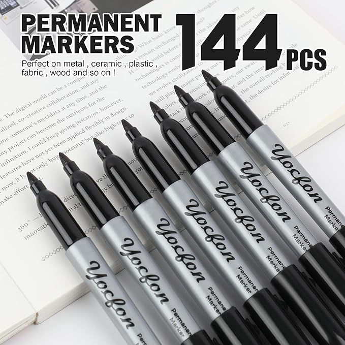 Yocfon Permanent Markers Bulk, 144 Count Black Permanent Markers Set, Fine Tip, Waterproof Markers, Works On Plastic, Wood, Stone And Metal For Doodling, Marking