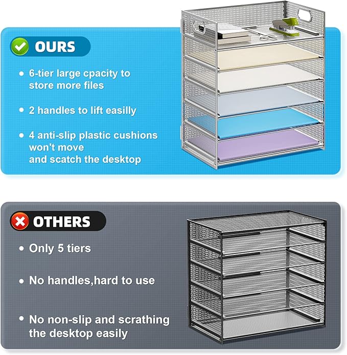 Marbrasse 2 Pack Desk Organizer with Handle, 6 Tier Paper Letter Tray, Mesh Desk File Organizer for Office, School and Home - Silver