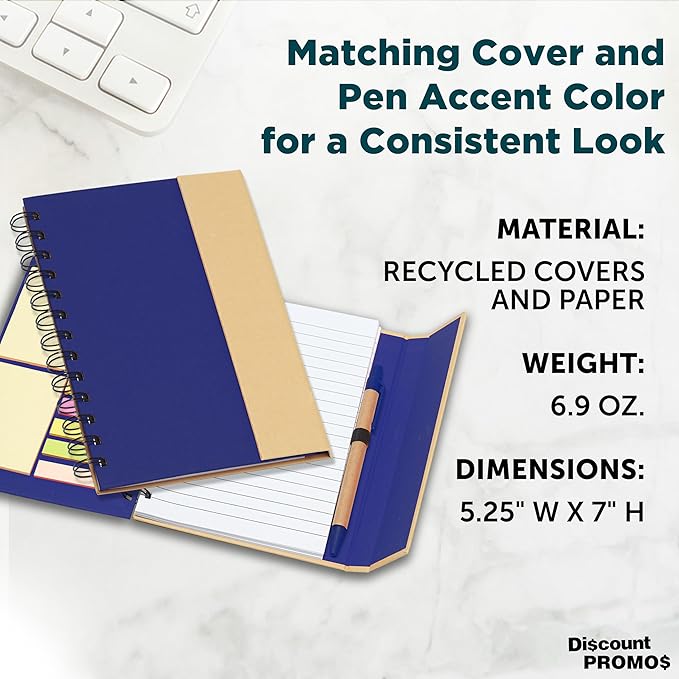 DISCOUNT PROMOS Eco Friendly Spiral Notebooks with Pens Set of 10, Bulk Pack - Perfect for School, Office, Home - Blue