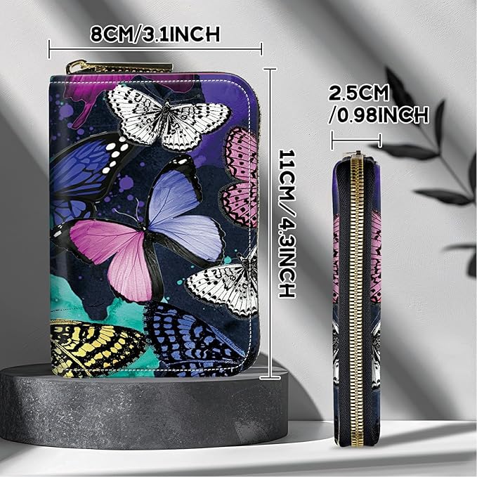BWEGRHE Cute Credit Card Holder with Zipper, Color Butterfly RFID-Blocking Card Case Small Wallet for Women Men, Multi-slot Card Organizer Case Travel Accordion Wallet