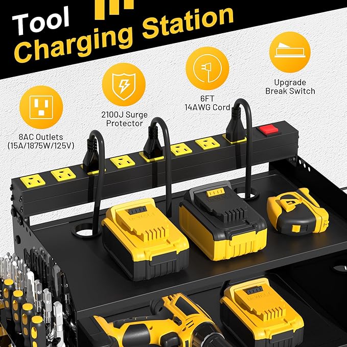 CFMASTER 4-Layer Wall-Mounted Power Tool Organizer Rack,Heavy Duty Adjustable Shelves Organizer for Cordless Power Tool Batteries,Space-Saving Garage & Workshop Charging Station 8 Outlets Power Strip