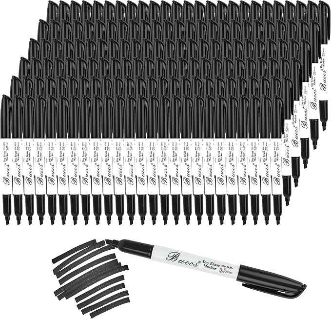 Buecs Black Dry Erase Markers, Low-Odor, 150 Count, Chisel tip, Perfect for Writing on Whiteboards, Dry-Erase Boards, Glass, School Office Supplies