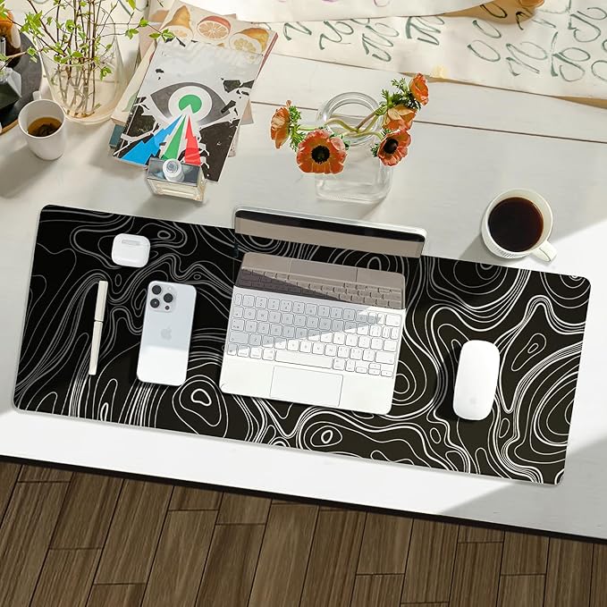 Reniteco Waterproof Large Gaming Mouse Pad with Durable Stitched Edges, Non-Slip Rubber Base, Grainy Jacquard Mouse Mat Desk Pad for Home Office Gaming, 31.5''x11.8''x0.12'', Topographic Map White
