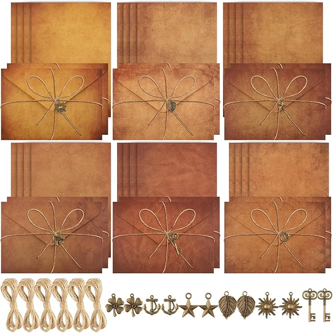 Stationary Paper and Envelopes,Letter Writing Stationery Set,Includes Vintage Papers,Vintage Envelopes,Retro Accessories,Ropes(60 Pieces)