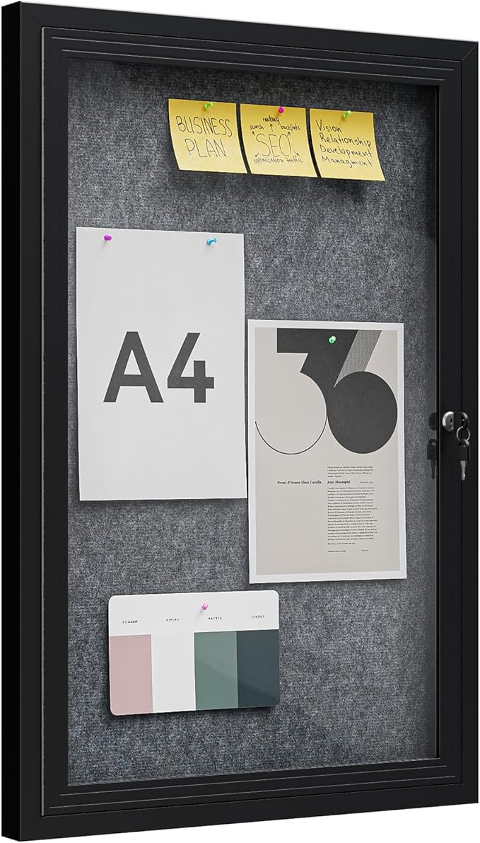 36"x24" Lockable Enclosed Bulletin Board, Outdoor Flet Weather-Resistant Aluminum Frame Notice Board, Wall Mounted Display Case Acrylic Doors for School,Office,Black Frame w/Grey Flet