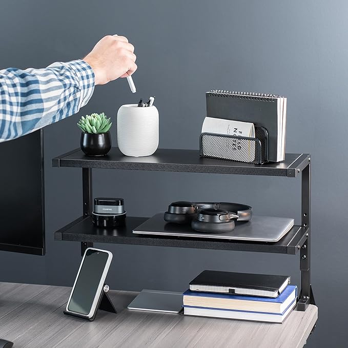 VIVO Clamp-on 24 inch Above or Below Desk 2-Tier Shelving Unit for Table Accessories, Gaming Devices, and More, Storage Tray, Desktop Organizer, Black, STAND-SHELF24C