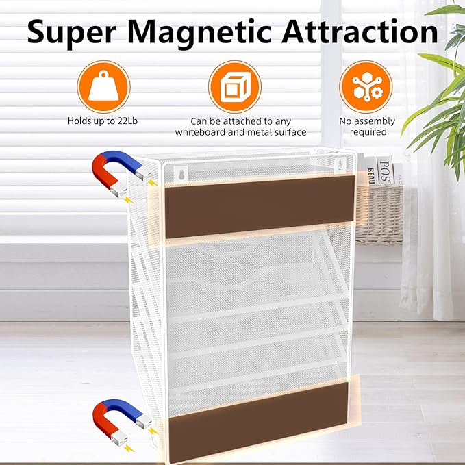 KZWKRG 6 Tier Magnetic File Holder with Hook, Magnetic File Organizer Folder Holder, Wall File Organizer, Hanging Magnetic Paper Holder for File Cabinets, Office, Whiteboard, Magnetic Mail Holder