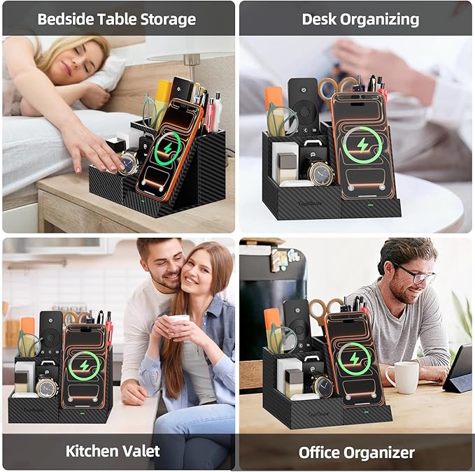 TopMade Wireless Charger Nightstand Organizer, Multi-Functional Pen/Pencil/Remote Holder for Desk, Leather Desktop Organizers, Home Office Supplies Fast Phone Charging Stand, Black Carbon Fiber