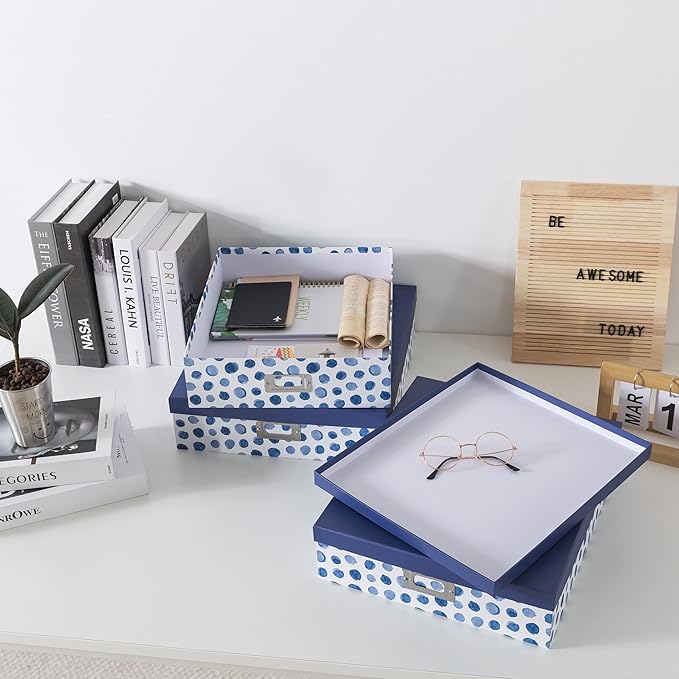 Soul & Lane Blue Spots Decorative Storage Boxes with Lids, Set of 3 Memory Boxes for Keepsakes, Nesting Letter Cardboard Document Storage for Organizing, Photos, Scrapbook