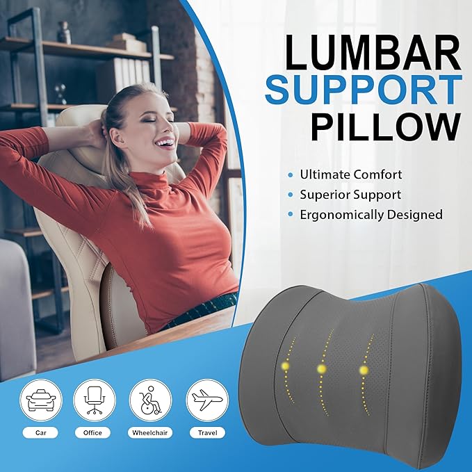 Lofty Aim Lumbar Support Pillow for Car, Memory Foam Lumbar Pillow for Lower Back Pain Relief - Back Cushion for Driving, Chair Support for Car-Office Chair, Wheelchair - Classic Dark Grey