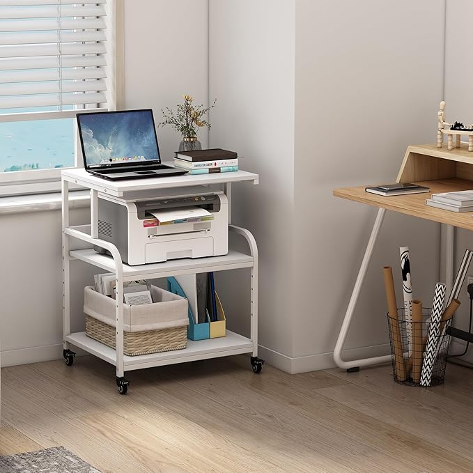 Fannova White Printer Stand, 23.6 x18.9 x 30 Inches Big Size Printer Table with Adjustable Shelf, 3 Tier Rolling Printer Cart with Wheels for Home Office Storage and Organization