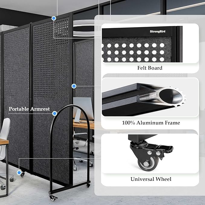 Folding Room Partition,Freestanding Privacy Divider,Portable Office Divider Wall,Commercial Space Partition Screen,Perforated Felt Panel Design,10'6"W x 6'7"H,5 Panel,Dark Grey