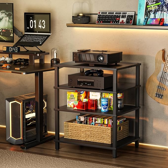 LELELINKY 4-Tier AV Media Player Stand Set of 2, Black Stereo Cabinet, Wooden TV Stand,Game Console Shelf, Multifunctional Entertainment Center, Suitable for Home, Conference Room, Game Studio