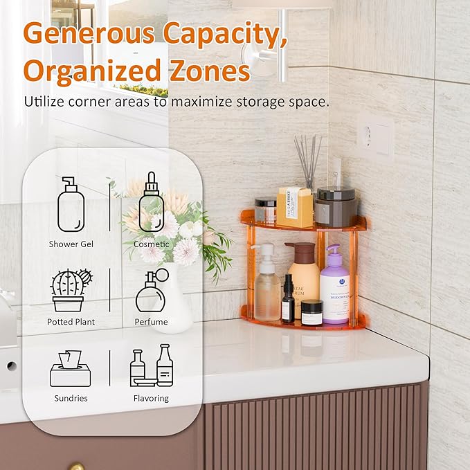 Sezanrpt 2 Tier Countertop Corner Organizer Shelf 7x7x8 Inch, Orange Acrylic Bathroom Corner Shelf for Countertop, Vanity Storage for Skincare, Cosmetics, Perfume