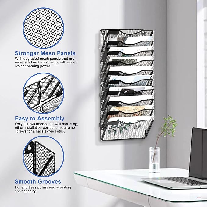EasyPAG Wall File Organizer for Office 10 Pocket Mesh Wall Mounted Paper Organizer Hanging Folder Holder with Nametag Label for Home School, Black