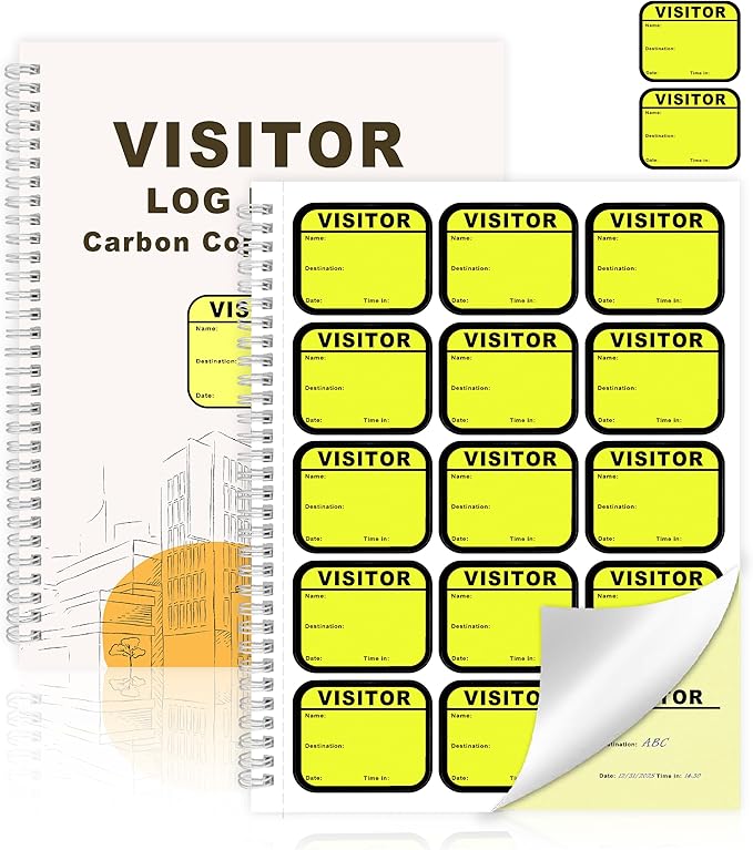 1 Pack of Visitor Badges Registry Log with Carbon Copy Protecting Privacy Pages Visitor Stickers 8.5x11 Inch Visitor Log Book School Church Business Pass Guest Book - 225 Badges 30 Memo Pages (1)