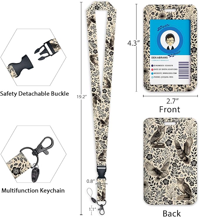 Giancomics Floral Owls Lanyards for Id Badges, Book ID Badge Holder with Retractable Reel, Flower Teacher Lanyard with Keychain Key Clip Carabiner Name Tag Card Holder Protector Office Women Gift