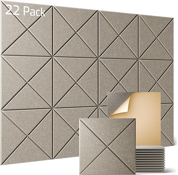 Sonicism 22 Pack X-Lined Acoustic Panels with Self-Adhesive, 12"X 12"X 0.4" Sound Proof Foam Panels, Decorative Soundproof Wall Panels, Sound Absorbing Tile for Home & Offices, Camel