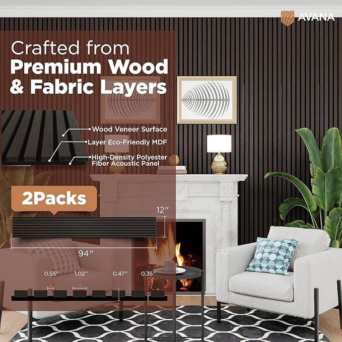 Avana Acoustic Wood Wall Panels – 94.4 X 12.6 Inch Smoke Oak Acoustic Panels 2 PCs – Wall Panels For Interior Wall Decor For Homes, Offices, Studios – Sturdy And Durable Wood Panels For Wall
