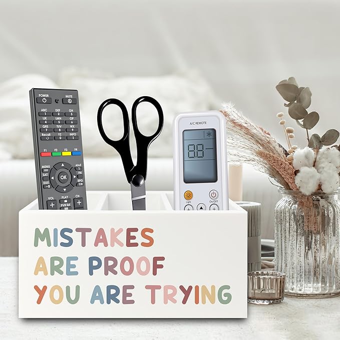XPH Boho Inspirational Pen Pencil Holder Organizer for Desk, Positive Inspirational Gifts, Mistakes are Proof You are Trying Motivational Wooden Box Sign for Classroom Desk Tabletop Decorations
