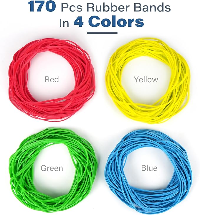 LotFancy Large Rubber Bands, 170 Pcs Size #117B 7×1/8” Heavy Duty Long Rubber Bands for Trash Can File Folders Office Supplies, Assorted Color