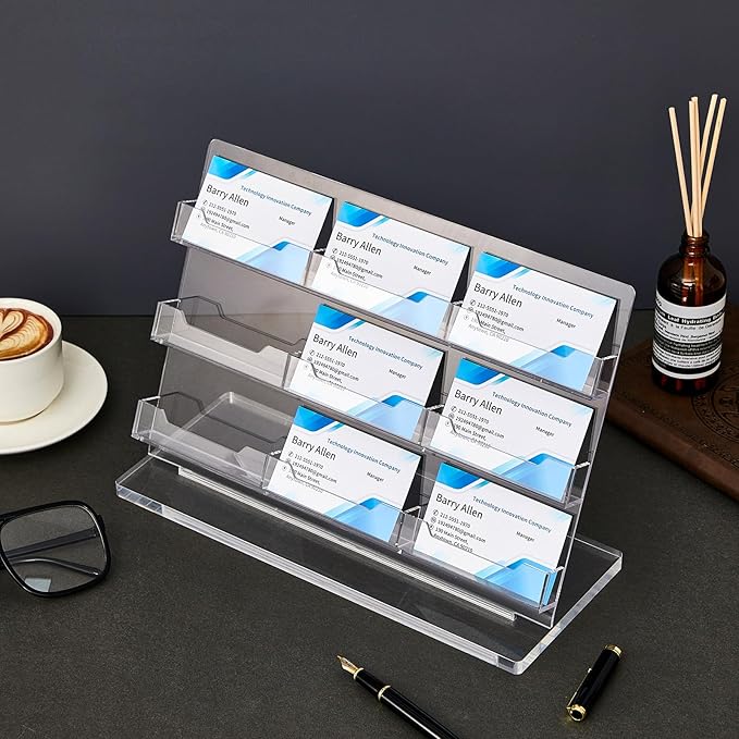 Dunzoom Business Card Holder for Desk 9 Slots Clear Gift Card Display Acrylic Business Holder Display Stand Multiple Organizer for Office Meeting Exhibition Home