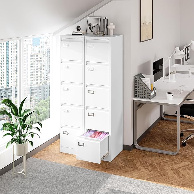BYNSOE 5 Drawer File Cabinet with Lock Metal Vertical File Cabinet Office Home Vertical File Cabinet for A4 Legal/Letter Size Narrow File Cabinet Locked,Assembly Required (White, 5 Drawers-Vertical)