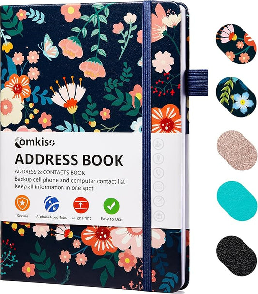 Comkiso Address Book with Individual Alphabetical Tabs Laminated, Large Print Address Book with 468 Wide Lining Entry Spaces, Change of Address Labels, Hardcover Address Book 5.7 x 8.5" - Floral