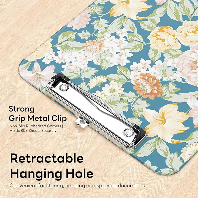 Luminzo Plastic Cute Clipboard Low-Profile Metal Clip, A4 Letter Size 9 x 12.5 in, 8.5 x 11 Paper Clip Board for Teachers, Nurses, Classroom,Blue Crushed Flower