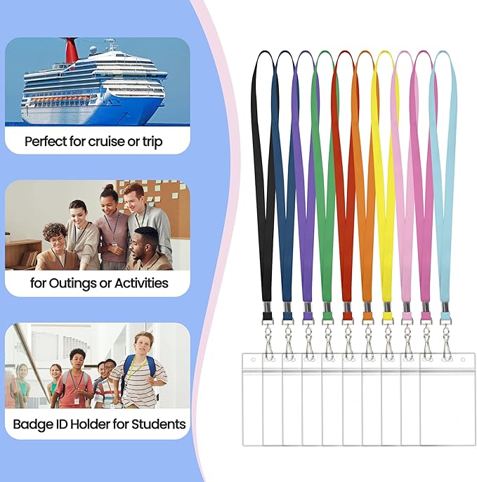 30 Pcs Lanyards for ID Badges, Clear Lanyards for Cruise Ship Cards, Waterproof Lanyard Card Holder for Carnival Sail, Vertical Nametag Holder (Rainbow, 10 Colors)