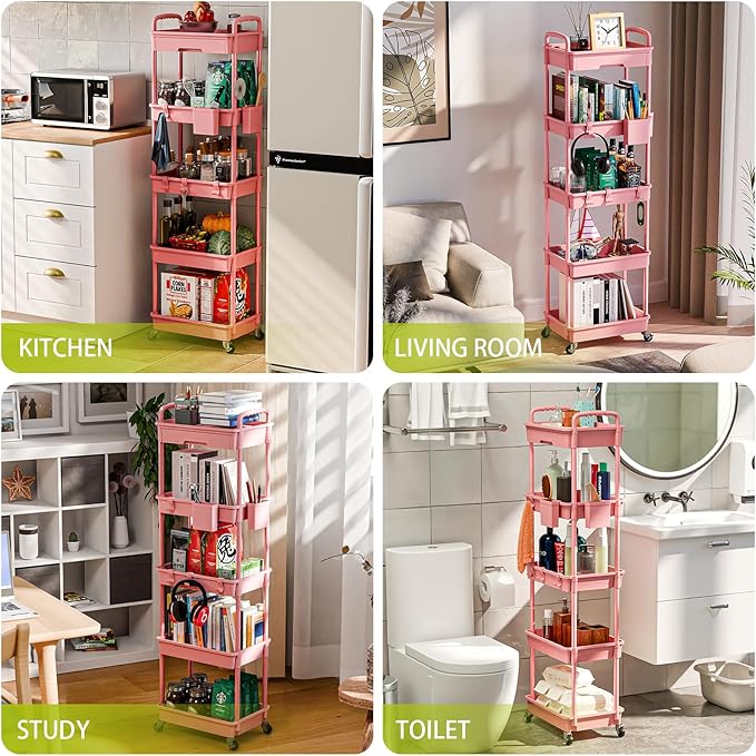 Sorgion 5 Tier Rolling Cart Organizer,Bathroom Cart Organizers with Wheels Laundry Room Organization Mobile Shelving Unit Utility Cart Storage Shelves Multi-Functional for Office, Home(Pink)