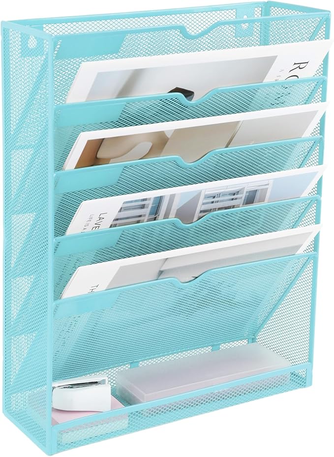EASEPRES 6 Tier Mesh Hanging Wall File Organizer, Desk Vertical Mail Paper Document Folder Holder Rack with Bottom Tray and Nametag Label for Office Home School, Blue